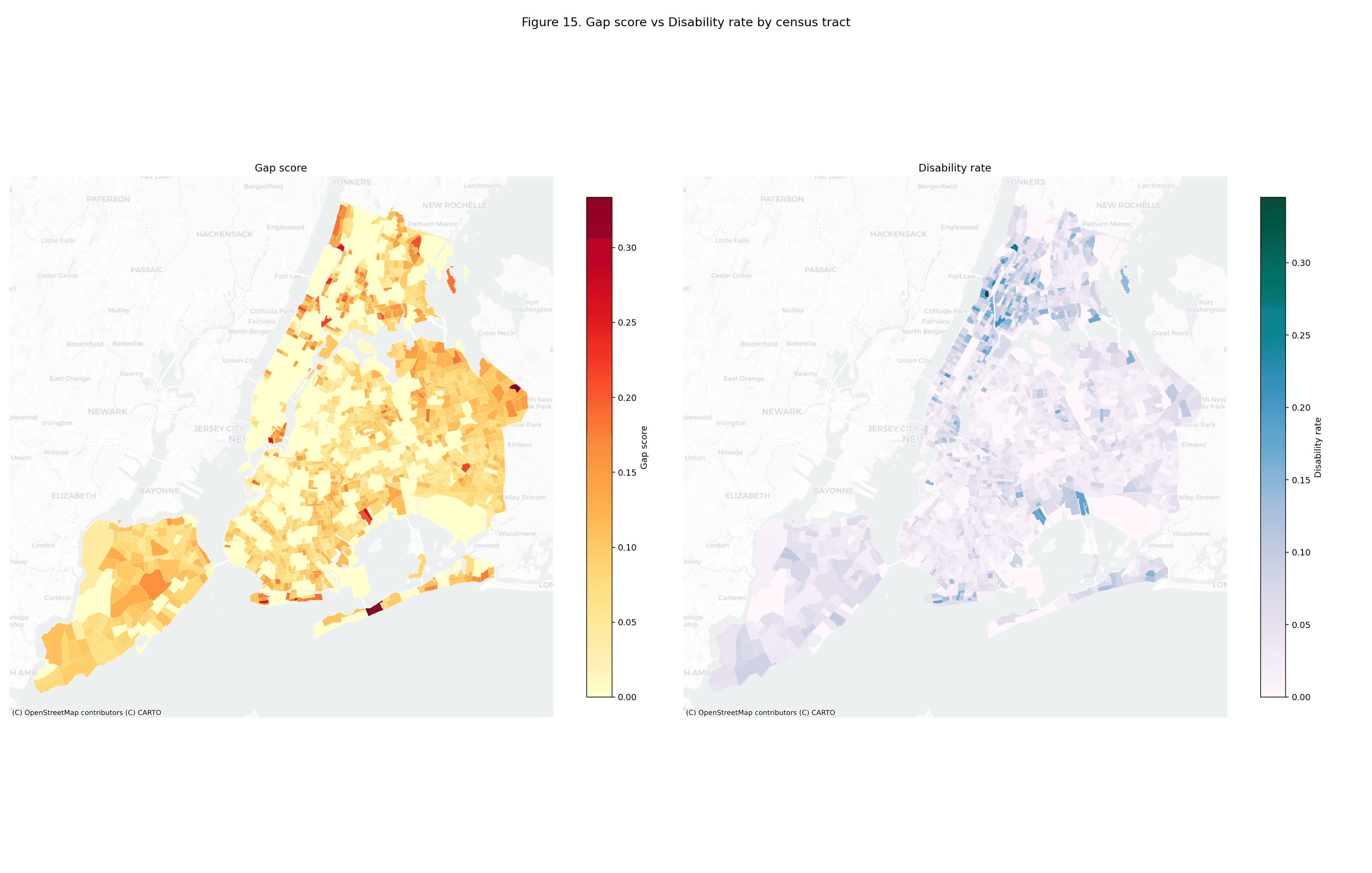 Figure 15 — Bivariate choropleth of gap score vs. disability rate. Useful for siting decisions that weight disability independently of poverty despite the correlation.