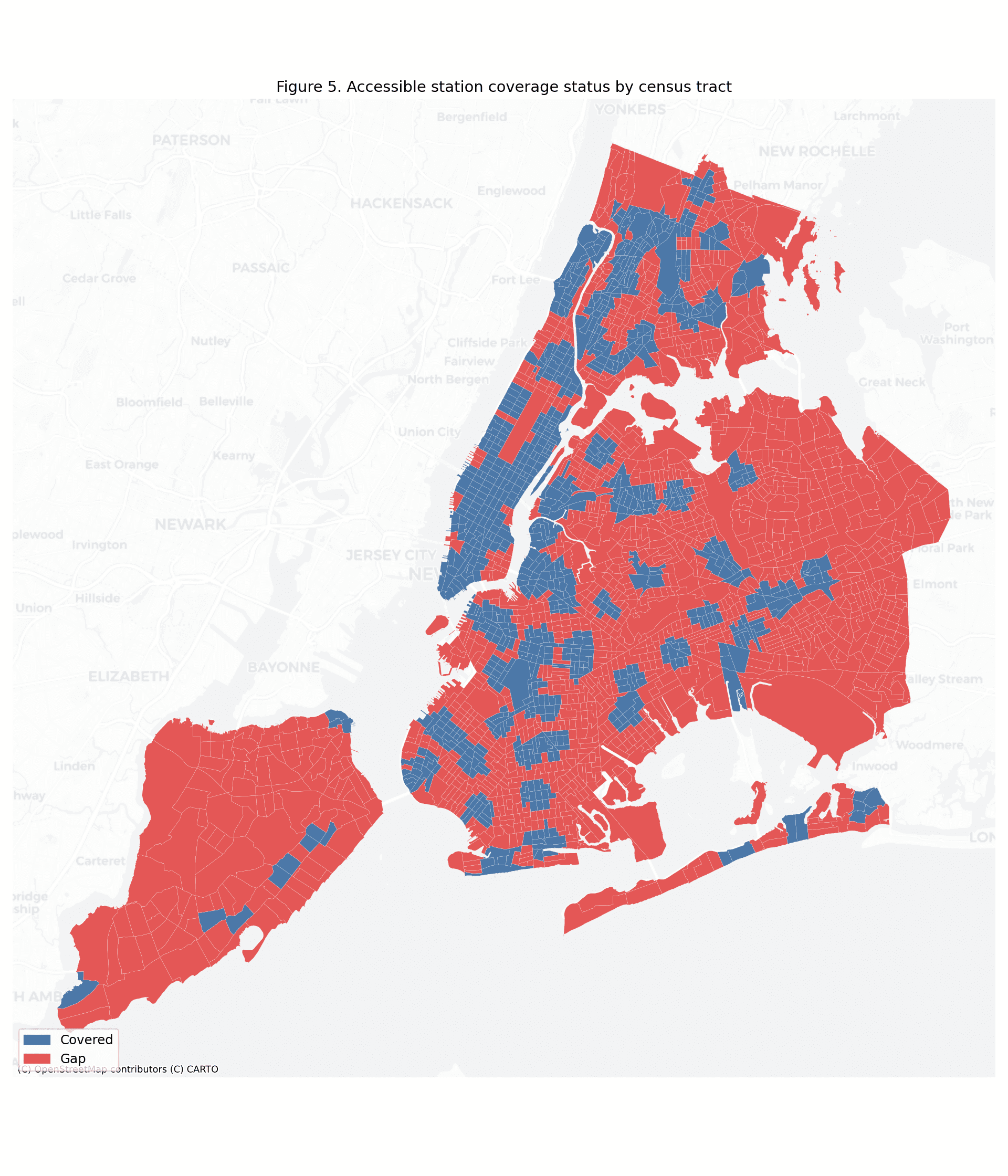 Figure 5 — Choropleth of binary coverage status (in-catchment vs. gap tract) at the census-tract level. Complements Figure 4 by separating geometry from reliability.